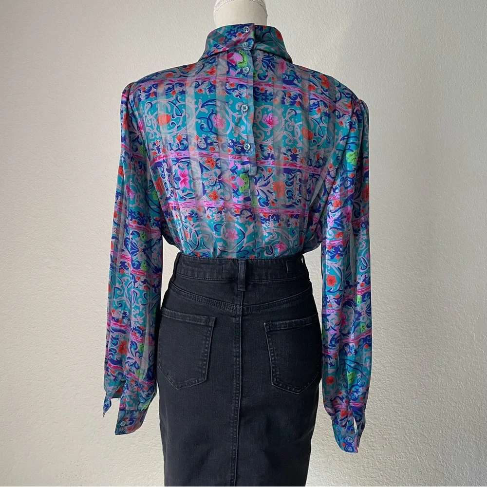 NICOLA AMAZING VINTAGE FLORAL MOCK NECK BUTTON DOWN BALOON SLEEVE BLOUSE TOP - Picture 7 of 16